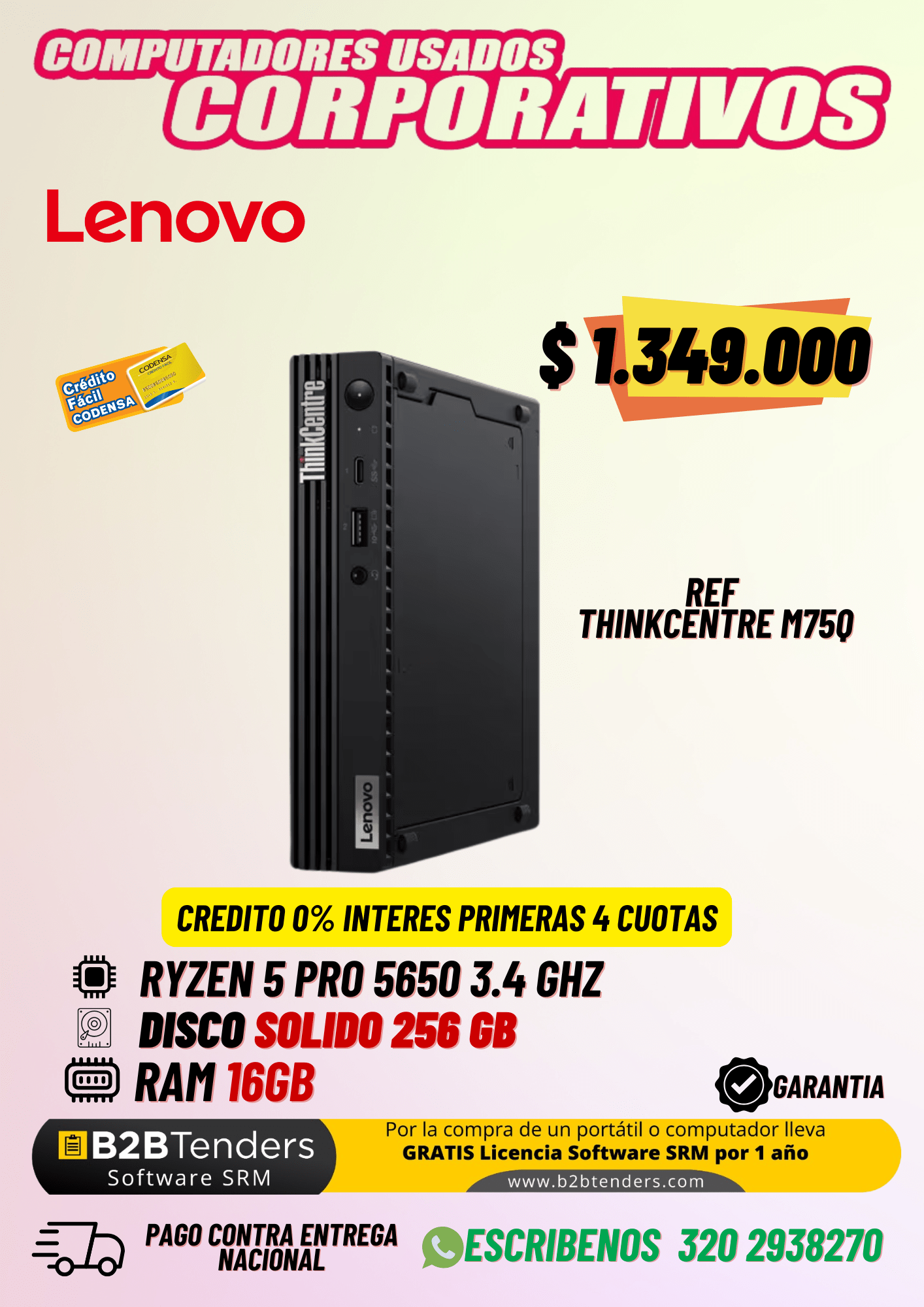Computador Lenovo ThinkCentre M75q Ryzen 5 PRO 5650GE | 16GB RAM – SSD 256GB | Usado Corporativo